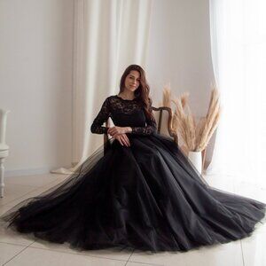 Elegant black dress puffy tulle dress lace evening dress
